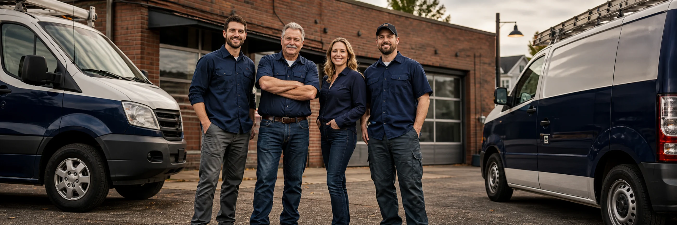 Four members of the plumbing crew standing between two service vans outside their shop